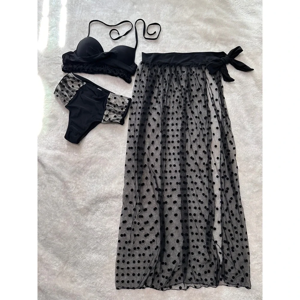 Black Polka Dot 3 Piece Bikini Set with Mesh Sarong Skirt High Waist Small